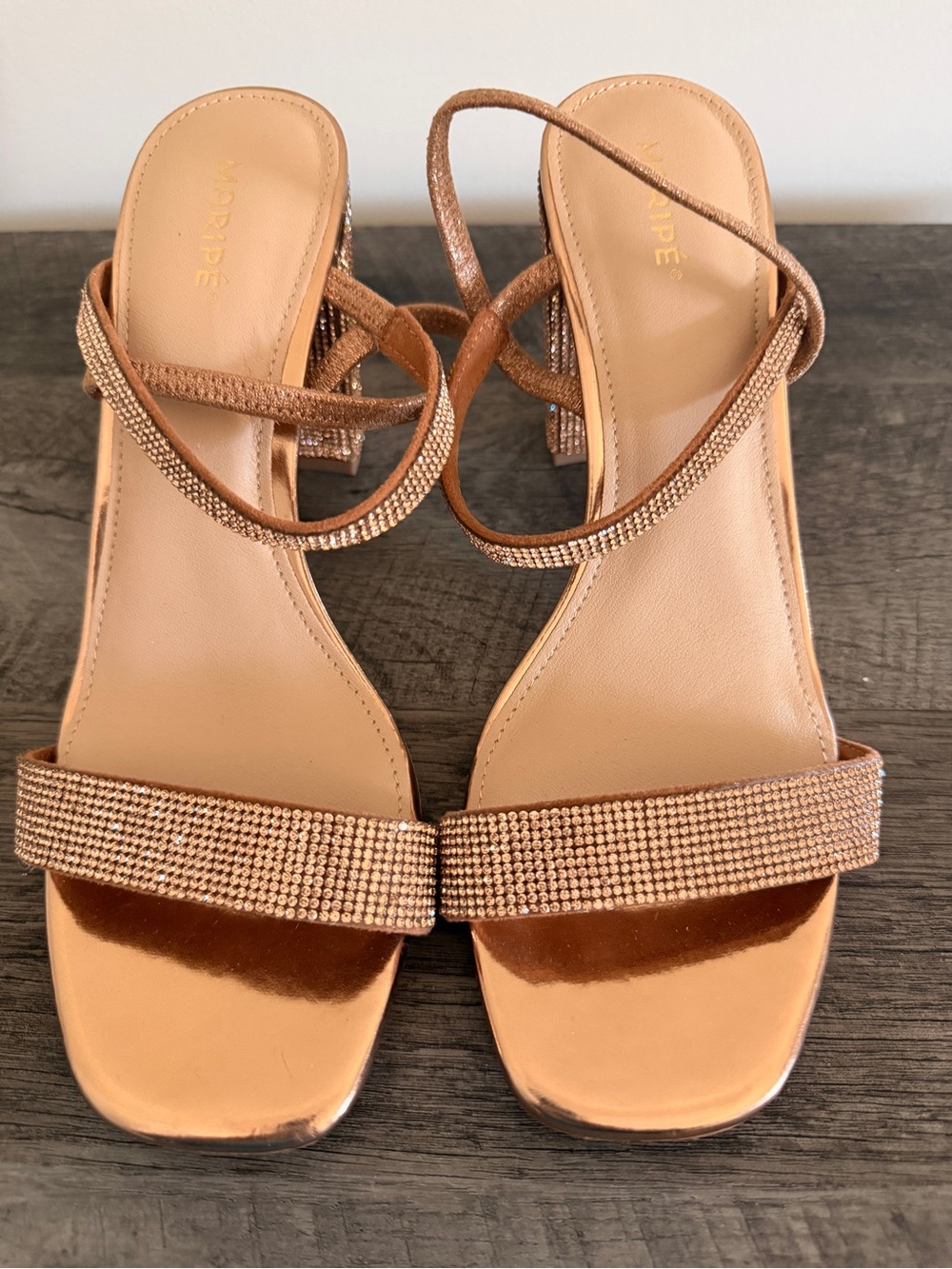 Maripe Metallic Rose Gold Rhinestone Strap Block Heels